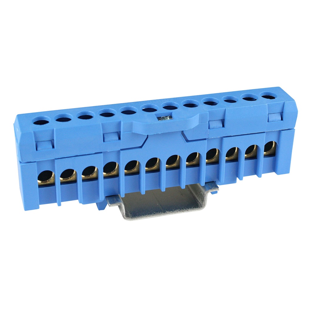 Neutral Bus Bar Terminal Strip for (12) 8AWG wires, DIN Rail Mount, Blue Insulated Housing, 