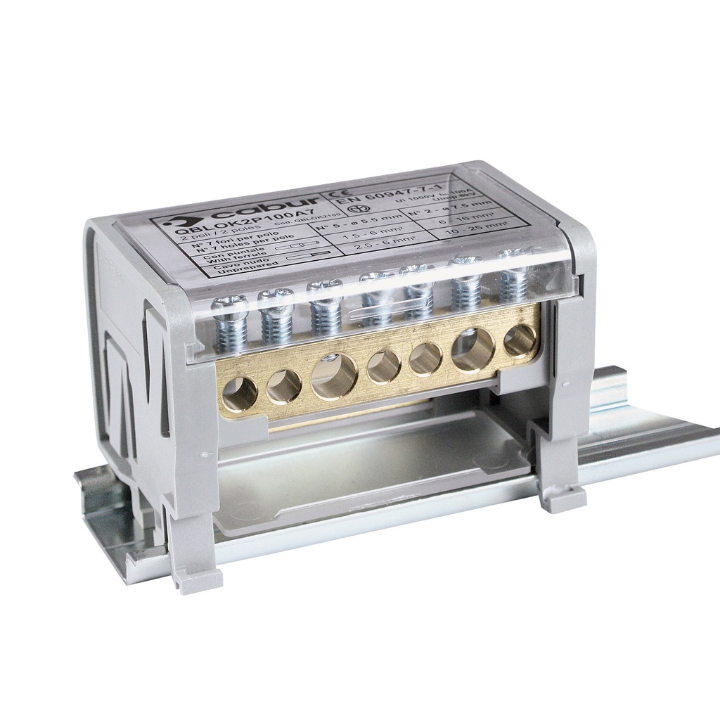 ASI QBLOK2100 | DIN Rail Mount Power Distribution Block | Dual Busbar, 100A, 1000V | 7-Output Connections | Electrical Power Splitter | Pack of 4