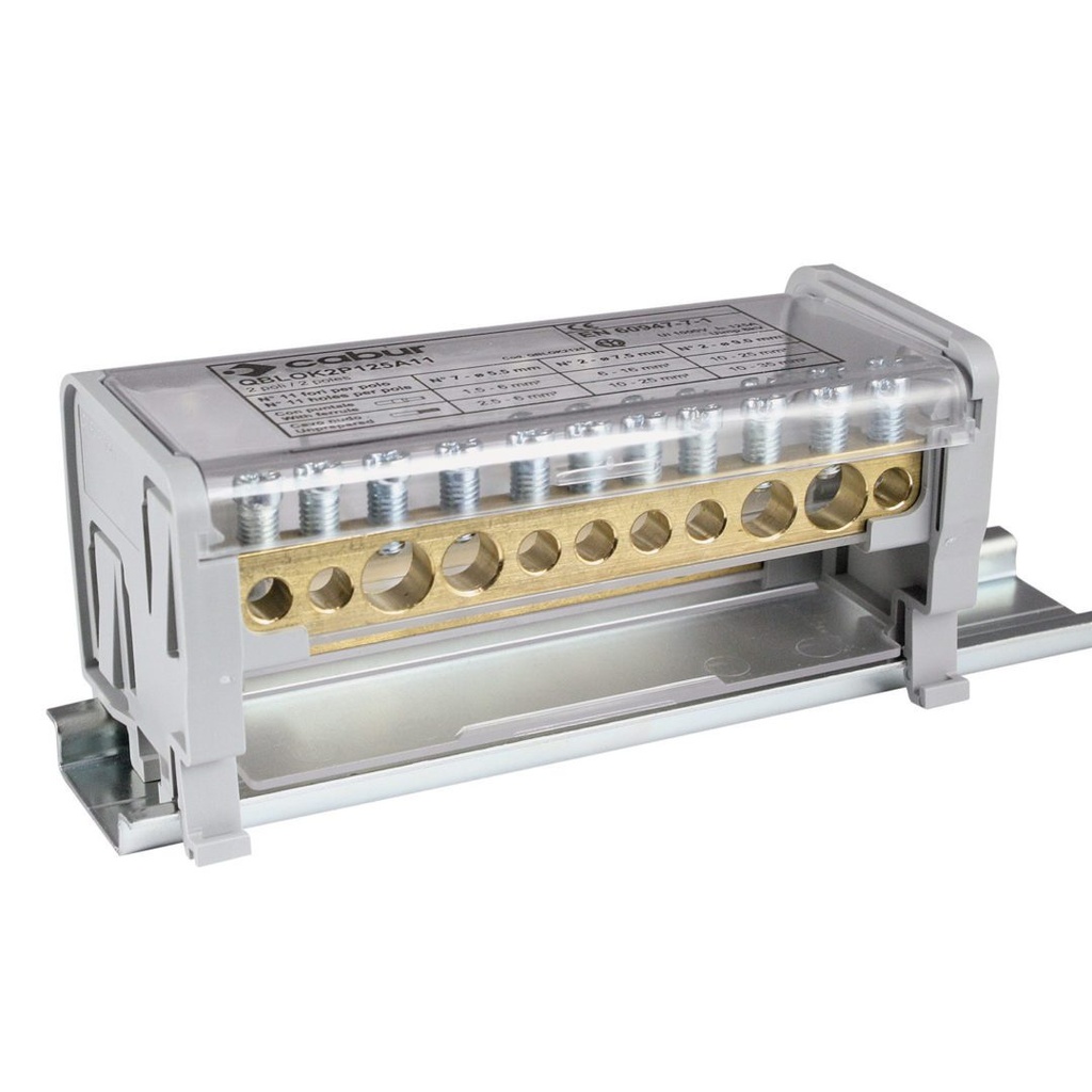 DIN Rail Mount Power Distribution Block, 2 Busbars, 125 Amp, 1000 V, 15 Connections