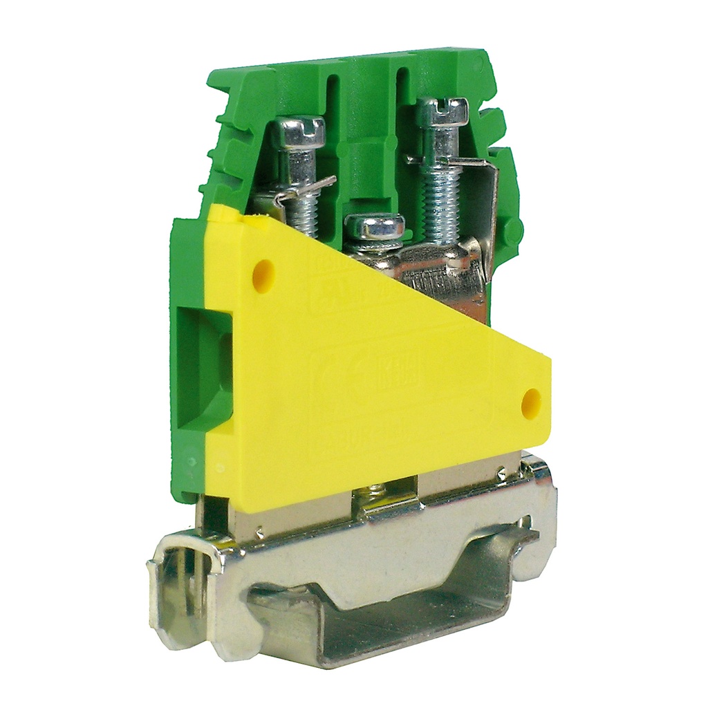 Ground Terminal Block For 35mm DIN Rail, Fully Enclosed Yellow Green Housing, Screw Down Mounting Foot, 20-8 AWG, 41A, 