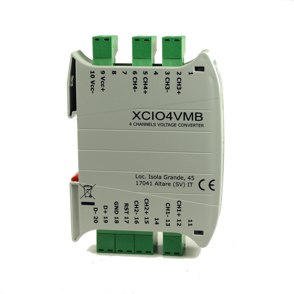 4 Channel Remote I/O Data Acquisition Module, Voltage Input, + or - 10V, Modbus RTU Output, DIN Rail Mount