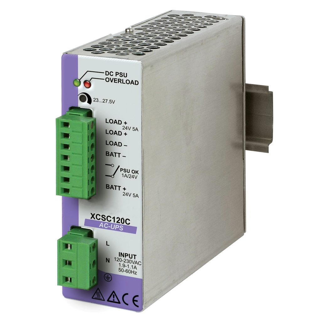 DIN Rail UPS Module, 24V DC Power Supply With Integrated Battery Charger, 120V-240V AC Input, 12V DC Output, 5A Continuous | Lead-Acid Batteries