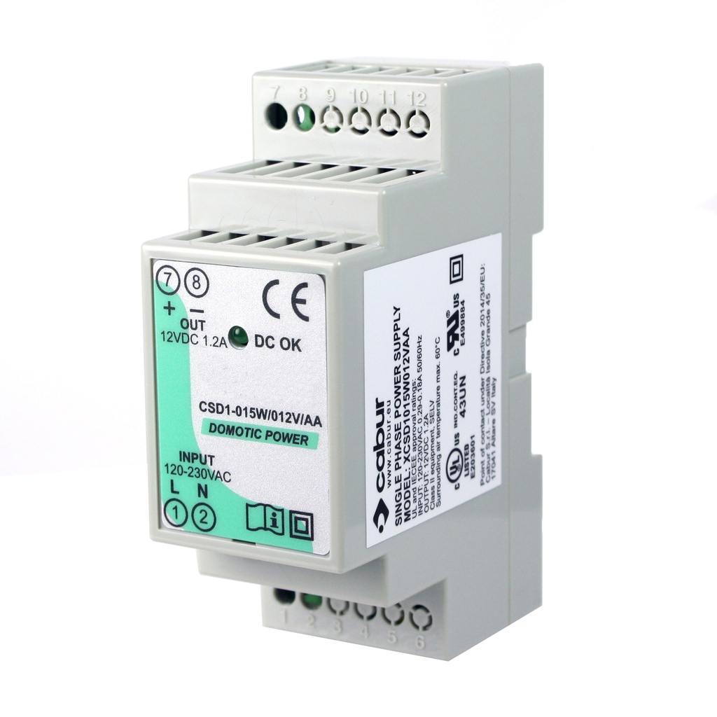 12 Vdc, 15W DIN Rail Power Supply, Compact, Low Profile, 120Vac Input, 12Vdc, 1.2A Output