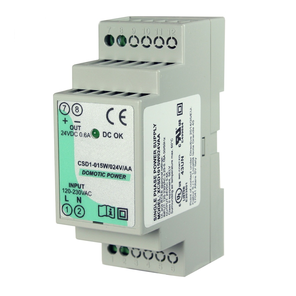 24V DC, 15W DIN Rail Power Supply, Compact, Low Profile, 120V AC Input, 24V DC, .6A Output