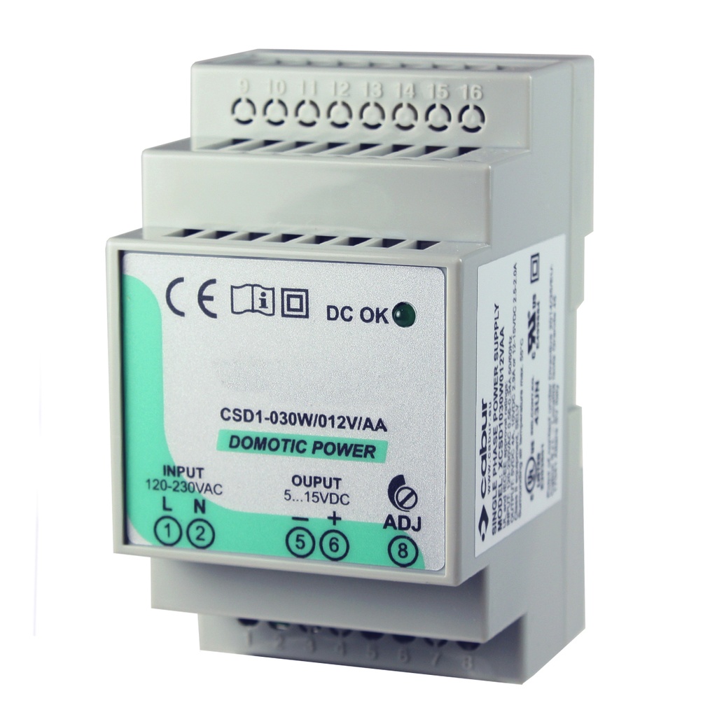 Compact DIN Rail Power Supply, 12 Vdc (Adjustable from 5-15 Vdc), 85-264Vac/100-370 Vdc Input, UL508 Listed, 4-2 A Output, 30 Watt, Class 2, IP20