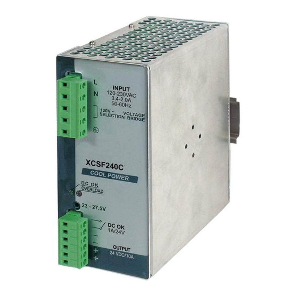 24VDC 10A DIN Rail Power Supply | 240W | 120/230VAC Input | High Overload Capacity | UL508 | XCSF240C