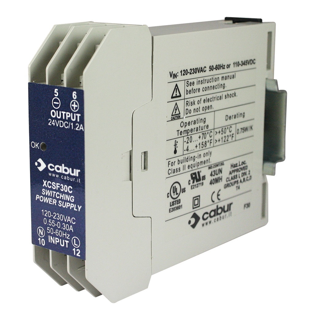 24VDC 1.2A Ultra-Compact DIN Rail Power Supply | 30W Class | 90-264VAC Input | 23mm Wide | XCSF30C
