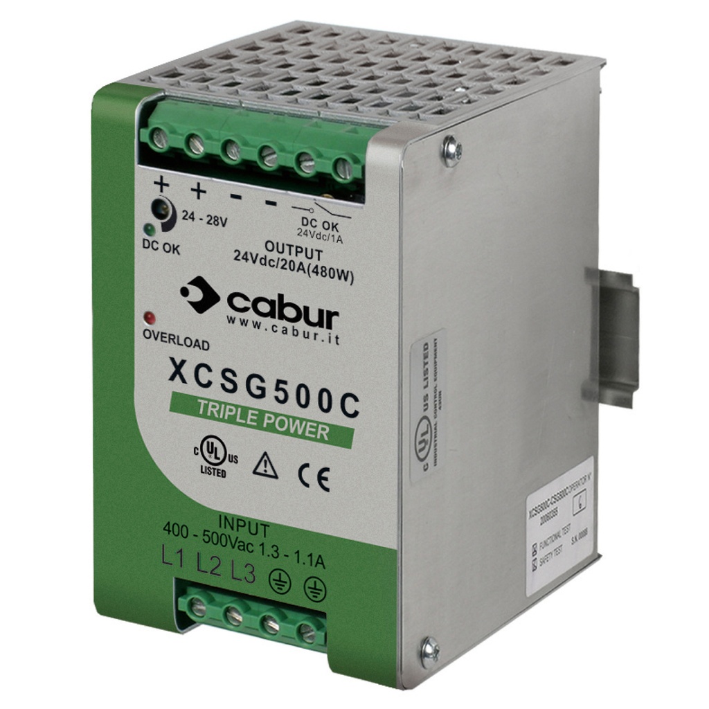 ASI XCSG500C 24V DIN Rail Power Supply | 3-Phase 340-550V AC Input | 500W, 20A Output | High Efficiency | cULus508 Listed