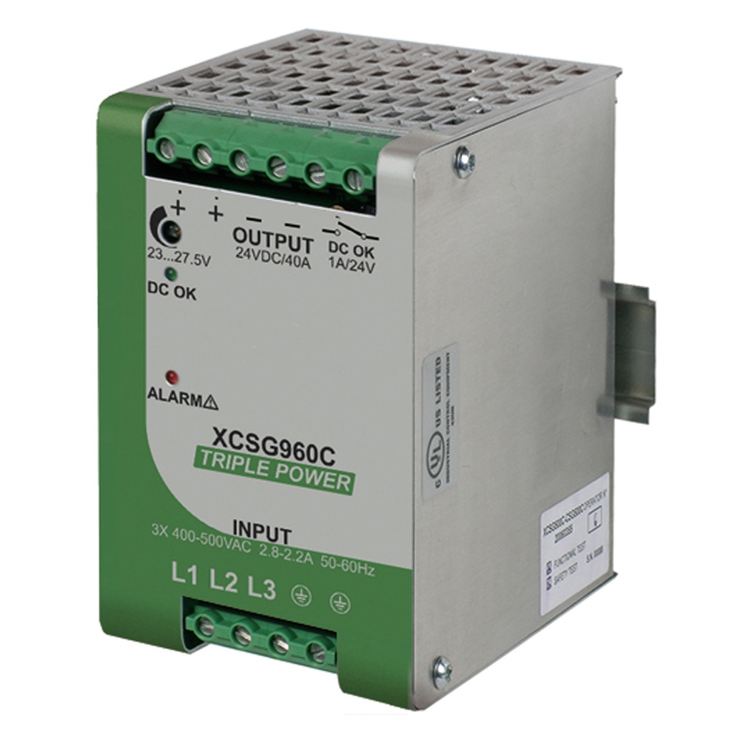 24V DIN Rail Power Supply, 40 Amp, 960 Watt Output, 3-Phase 340-550Vac Input, UL508 Listed, 