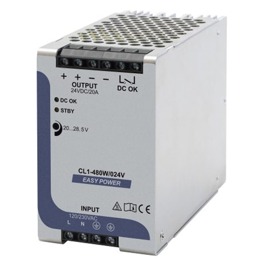 24V DC Economy DIN Rail Power Supply With Modbus RTU Communication Port, 120Vac Input, 20 Amp 24V DC Output