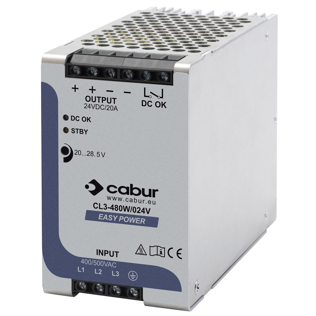 24 Vdc Economy DIN Rail Power Supply With Modbus RTU Communication Port, 480Vac Input, 20 Amp 24Vdc Output