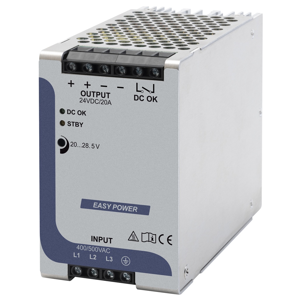 72V Economy DIN Rail Power Supply, 72Vdc, 6.6 Amp Output, 480W, 480Vac Input,
