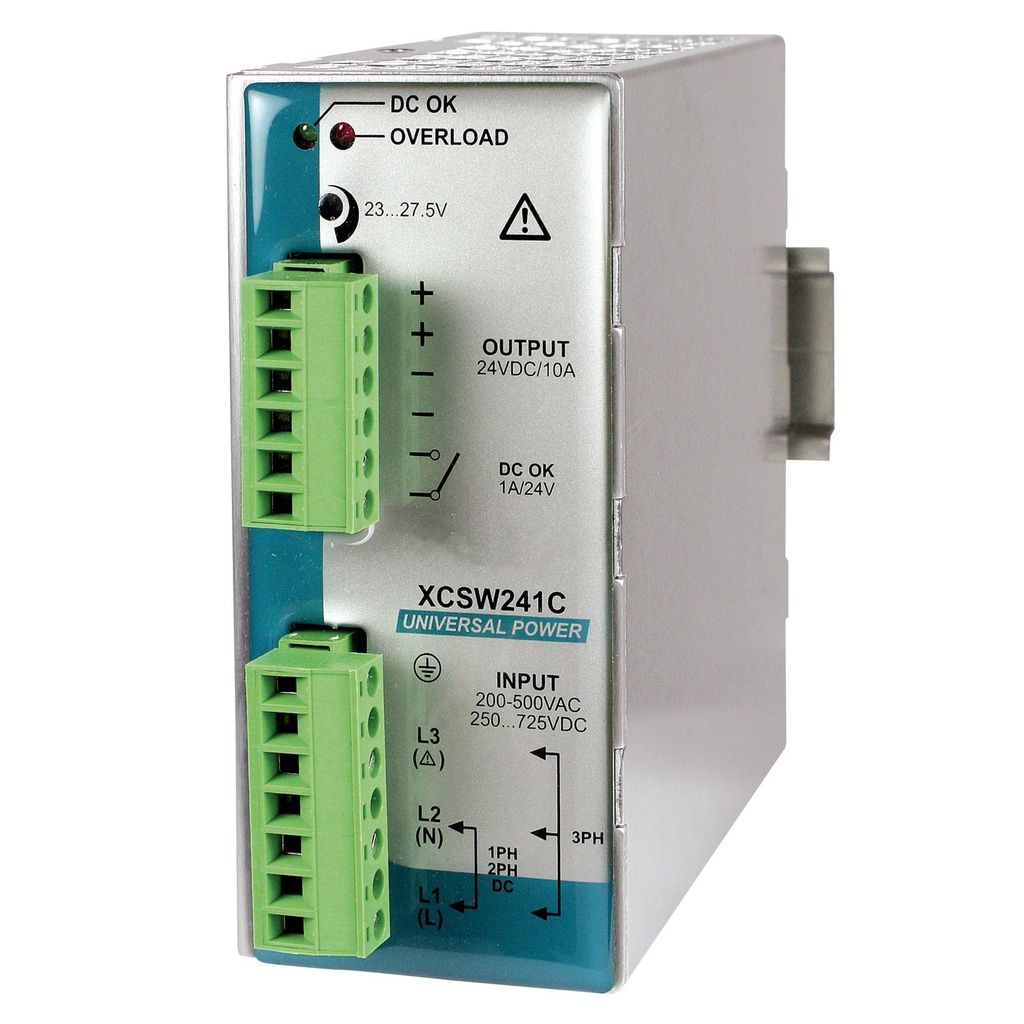 24V Din Rail Power Supply, 208Vac, 240Vac, or 480Vac Input, 24Vdc, 10A Output, 