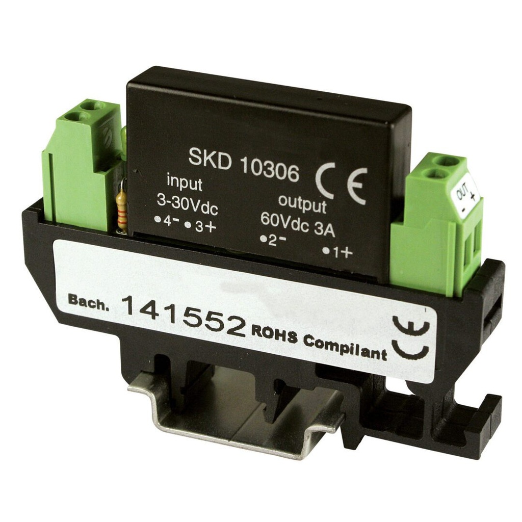 230Vac Solid State Relay, DIN Rail Mount, 5, 12, 24Vdc Input, 240Vac Output, 4 Amp