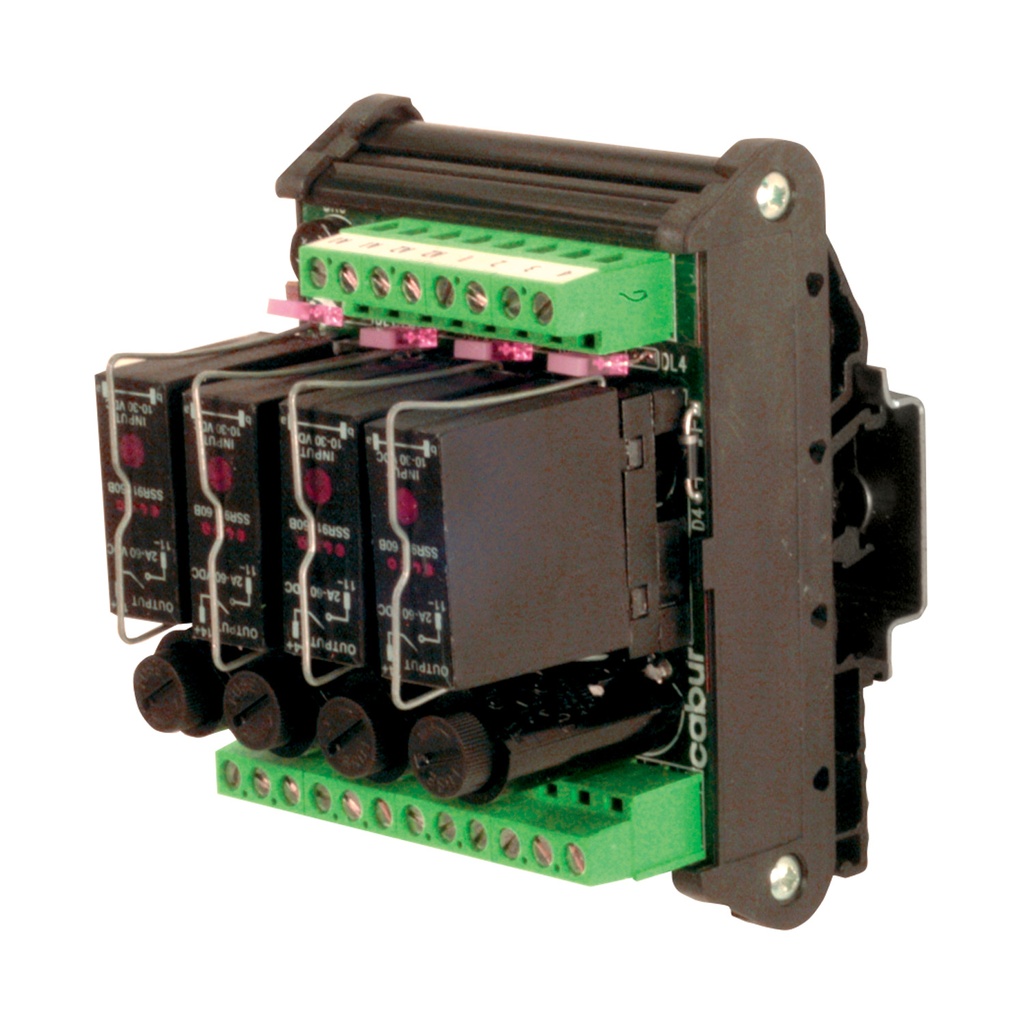 Solid State DIN Rail Mount pluggable (SSR), 4 relays, DC Load, +/- Common with fuse