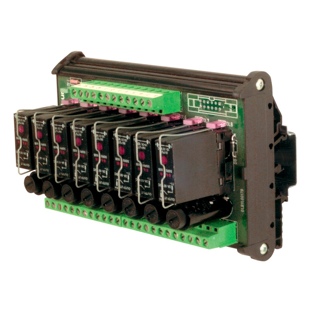 Solid State DIN Rail Mount pluggable (SSR), 8 relays, AC Load, +/- Common with fuse