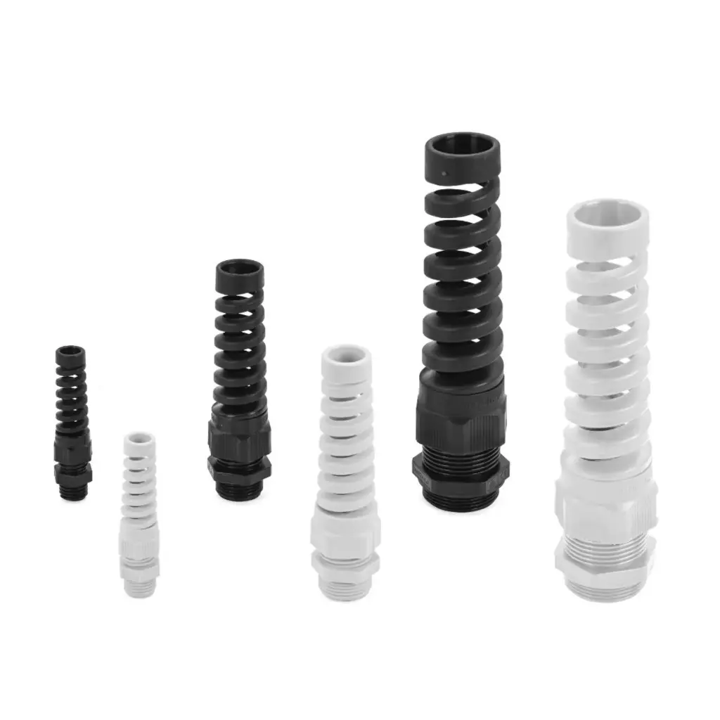 Spiral Cable Gland, Spiral Strain Relief Connector fits PG16 Threaded mounting holes, 10-14 mm clamping range, Black