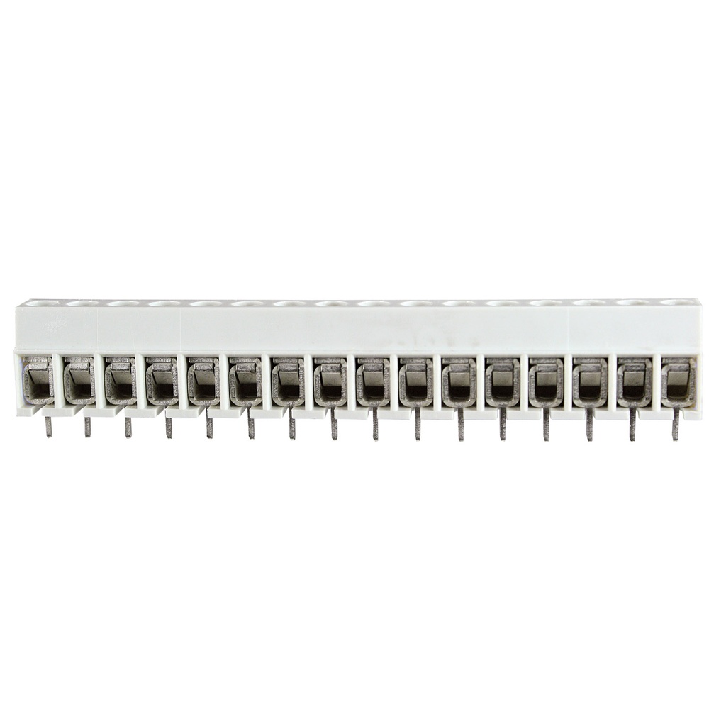 16 Position Low Cost PCB Terminal Block, Gray Housing, 5mm Pin Spacing, UL Rating 30-12 AWG, 18 Amp, 300 Volt