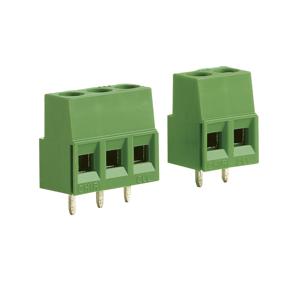 2 Position PCB Terminal Block, 5.08mm Pin Spacing, 90 Degree Wire Entry, Modular Interlocking Green Housing, 30-12AWG