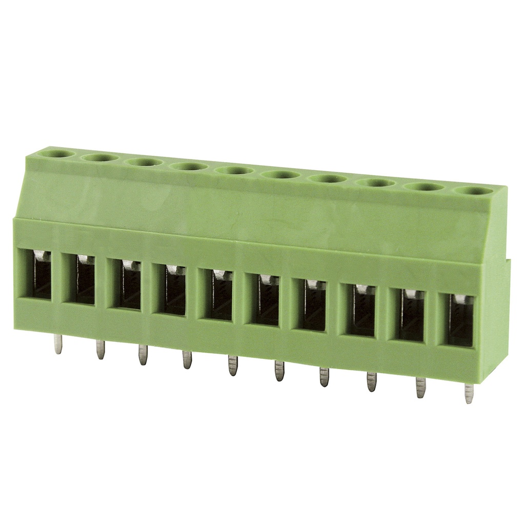 10 Position PCB Screw Terminal Block, Rising Clamp, Green Housing, 5mm Pitch, 30-12 AWG