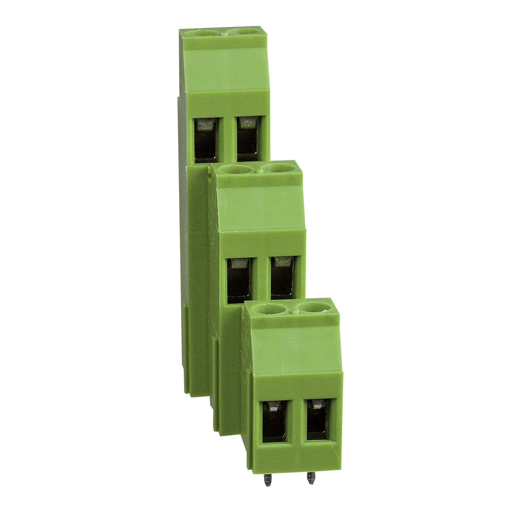 3 Level, 2 Position PCB Terminal Block, 5.08mm Pin Spacing, 6 Wiring Positions, Green Housing, Offset Right, 30-12 AWG