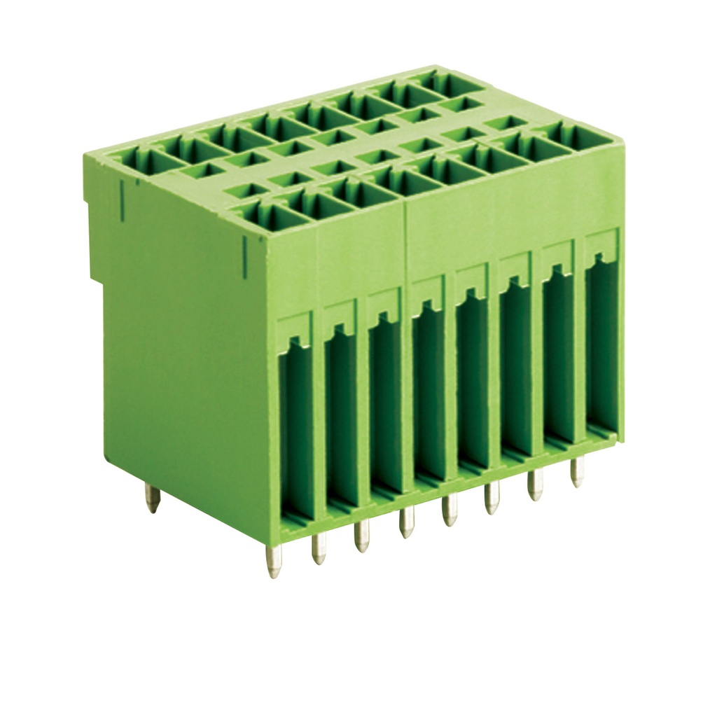 10 position, 2 Row PCB Pluggable Terminal Block Header, 3.81mm Spacing, Horizontal Header,  Green Housing