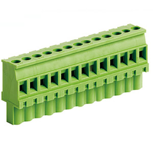 13 Position Pluggable Terminal Block, Terminal Block Connector, 5mm pitch, Green Housing, Wire Entry On Polarization Side Of Plug, 24-12AWG