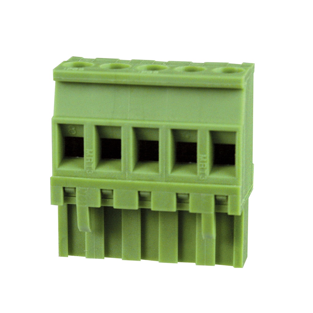 5 Position Pluggable Terminal Block, Terminal Block Connector, 5mm pitch, Green Housing, Wire Entry On Keying Side Of Plug, 24-12AWG