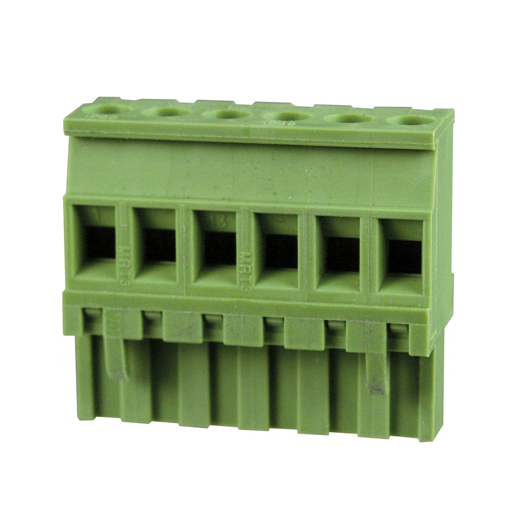 6 Position Pluggable Terminal Block, Terminal Block Connector, 5mm pitch, Green Housing, Wire Entry On Keying Side Of Plug, 24-12AWG