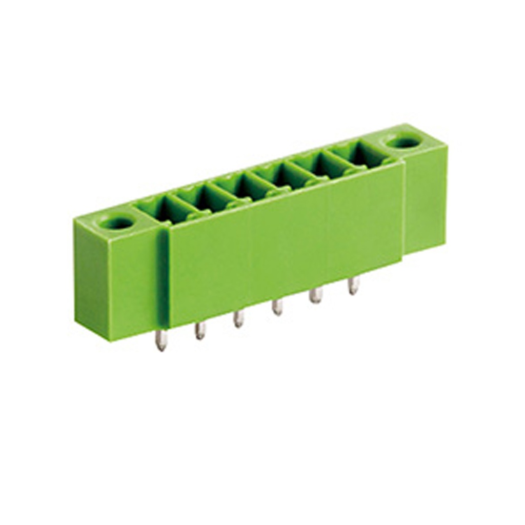 7 Position PCB Terminal Block Header, Threaded Flange, 3.5mm Pitch, Vertical, Green Housing, For 3.5mm Terminal Block Connectors With Screw Locks