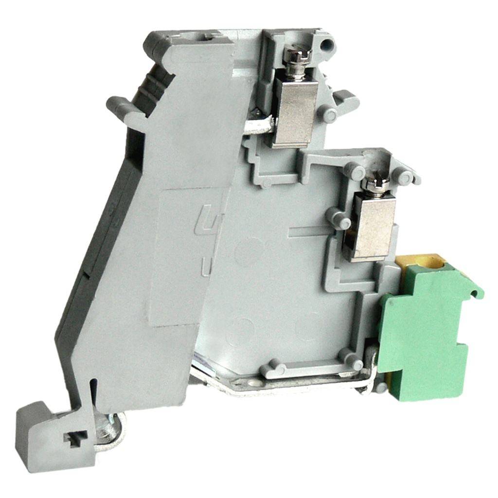 Screw clamp 3 level DIN rail mount terminal block with upper level feed through, middle level supplies power to acutuator and lower level is ground, 24-14 AWG, gray