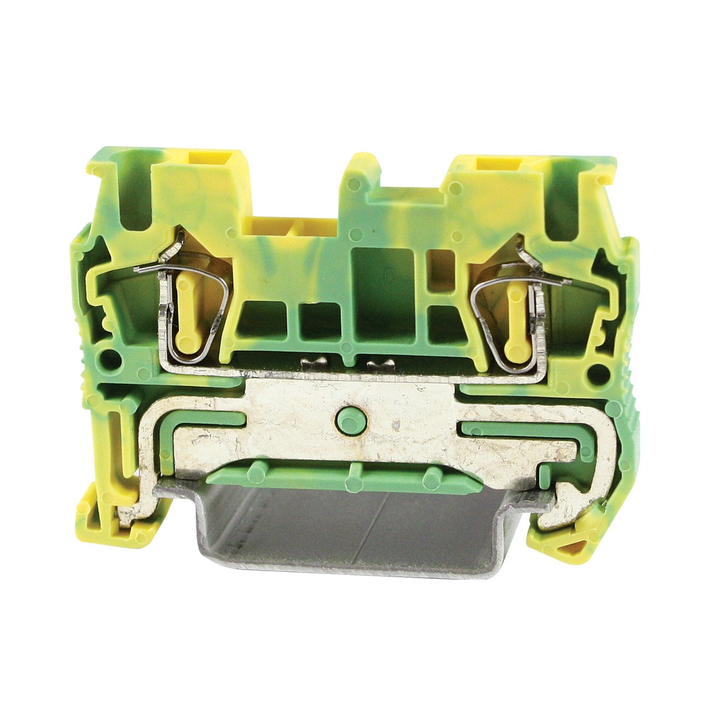Spring Ground Terminal Block, Screwless Ground Terminal Block, DIN Rail Mount, 28-12 AWG, Green Yellow Housing, ASI421012