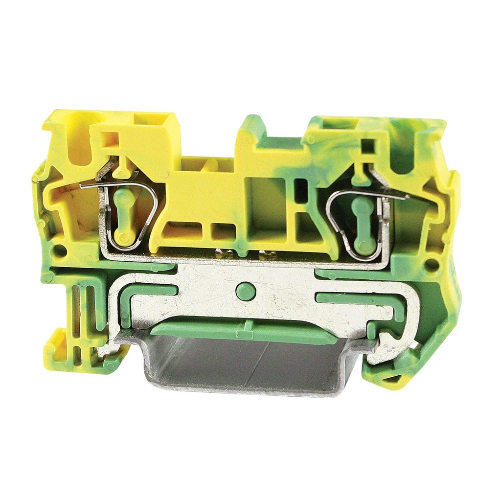 Spring Ground Terminal Block, Screwless Ground Terminal Block, DIN Rail Mount, 28-10 AWG, Green Yellow Housing, ASI421013