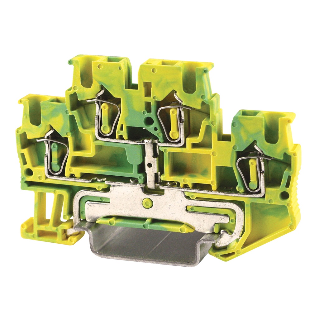 4 Wire Ground Spring Terminal Block, DIN Rail Mount Screwless 2 Level 4 Wire Ground Terminal Block, 5.2mm Wide, 28-12 AWG, ASI421025
