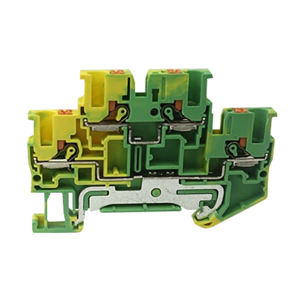 4 Wire, 2 Level Push-In Ground Terminal Block, DIN Rail Mount, Green Yellow Housing,  26-12 AWG, UL