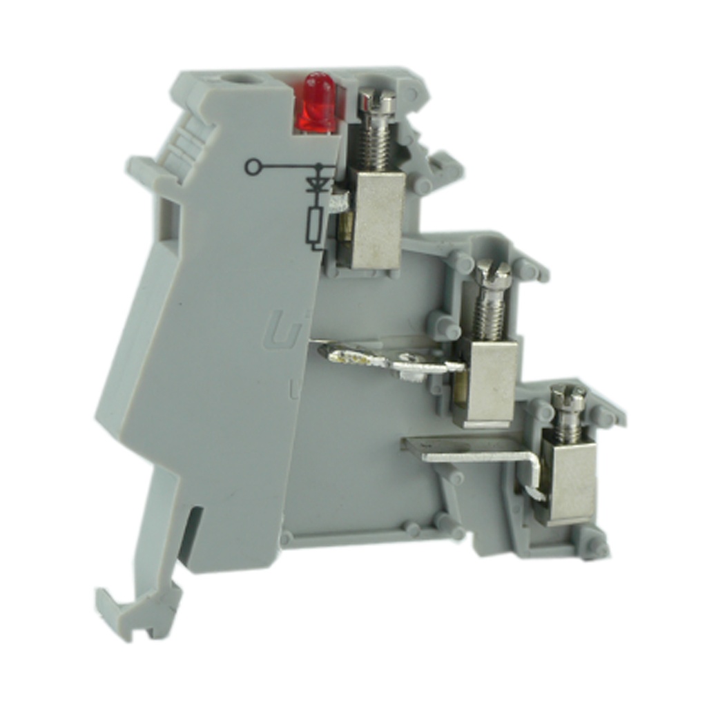 3-wire sensor Connection DIN Rail Mounted terminal block, with Red LED indication between upper and middle level, Screw Clamp 30-14 AWG, compare to DIK 1,5-LA 24RD/O-M