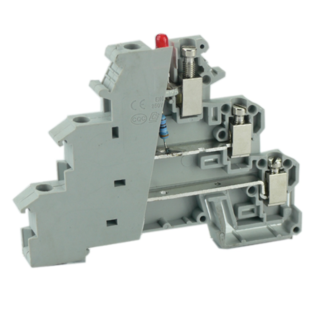 DIN Rail Mounted Distribution terminal block for use with 3-wire sensor blocks, with red LED indication between upper and middle level, Screw Clamp 30-14 AWG