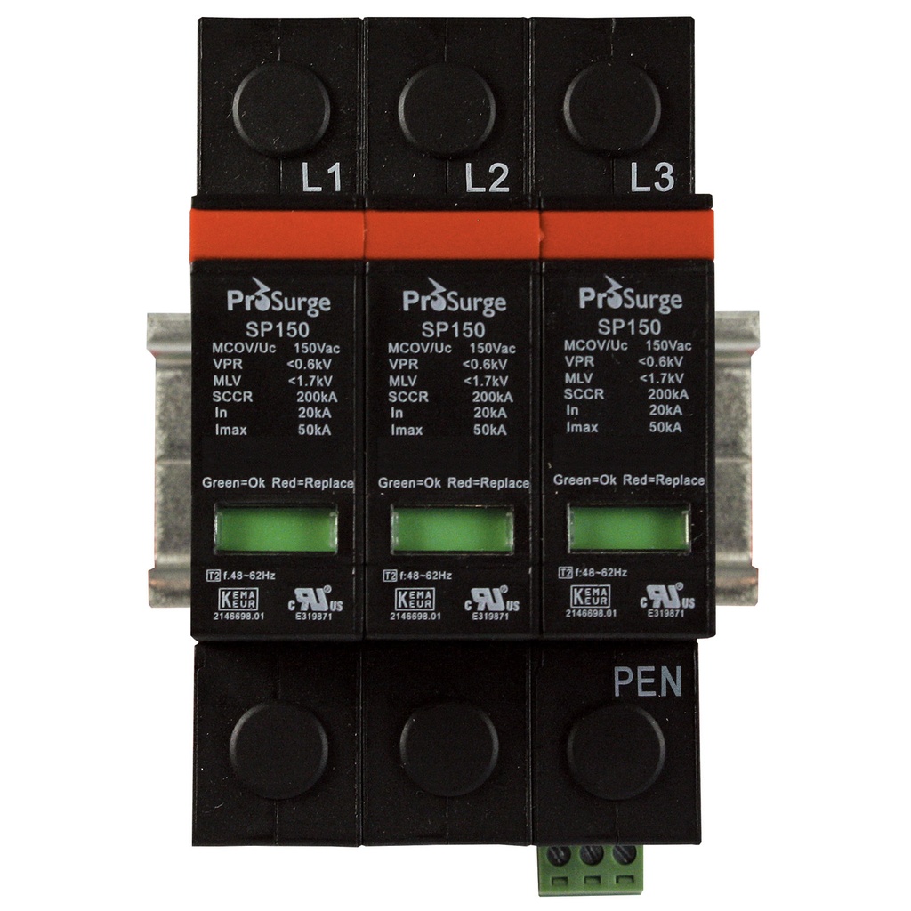 Three pole, including base and pluggable surge protector module with visual indication, DIN rail mount, UL1449 4th Edition, 208/120 Vac, MCOV 150 Vac