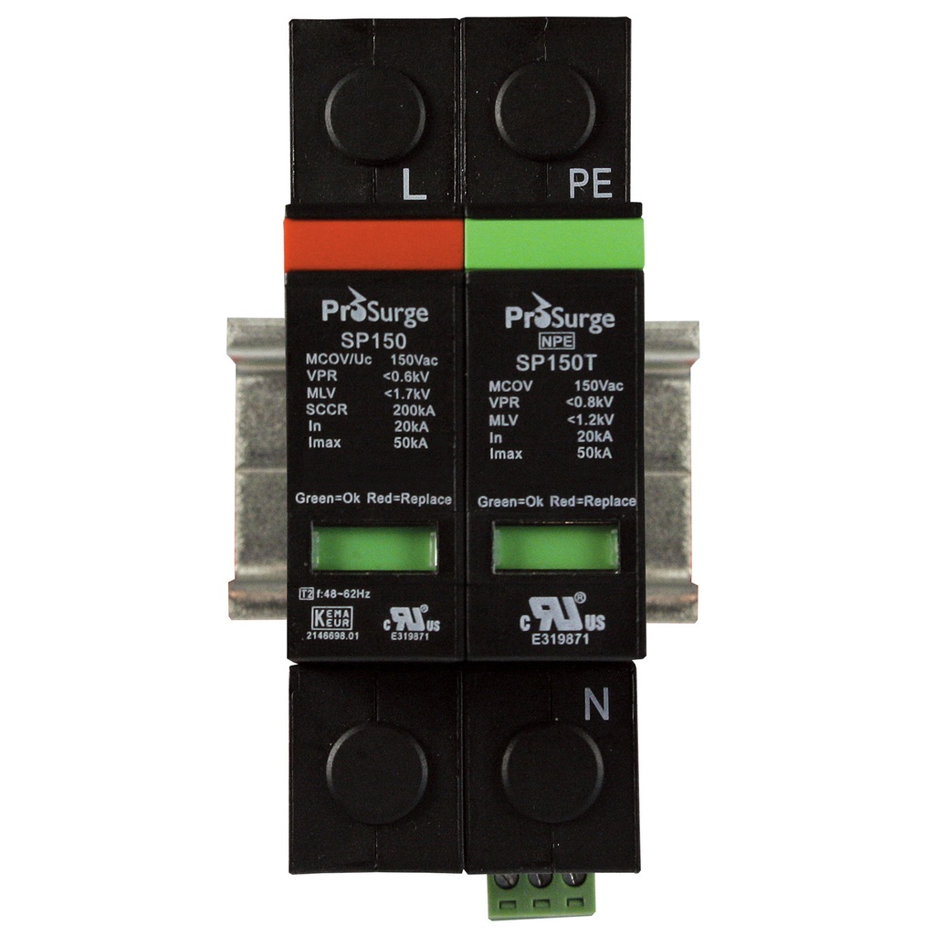 2 pole, including base and pluggable MOV and GDT surge protector modules, visual indication, DIN rail mount, UL1449, 120 V AC