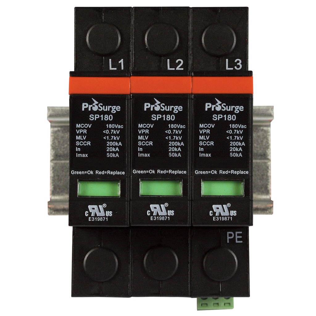 Three pole, including base and pluggable surge protector module with visual indication, DIN rail mount, UL1449 4th Edition, 208/120 Vac, MCOV 180 Vac