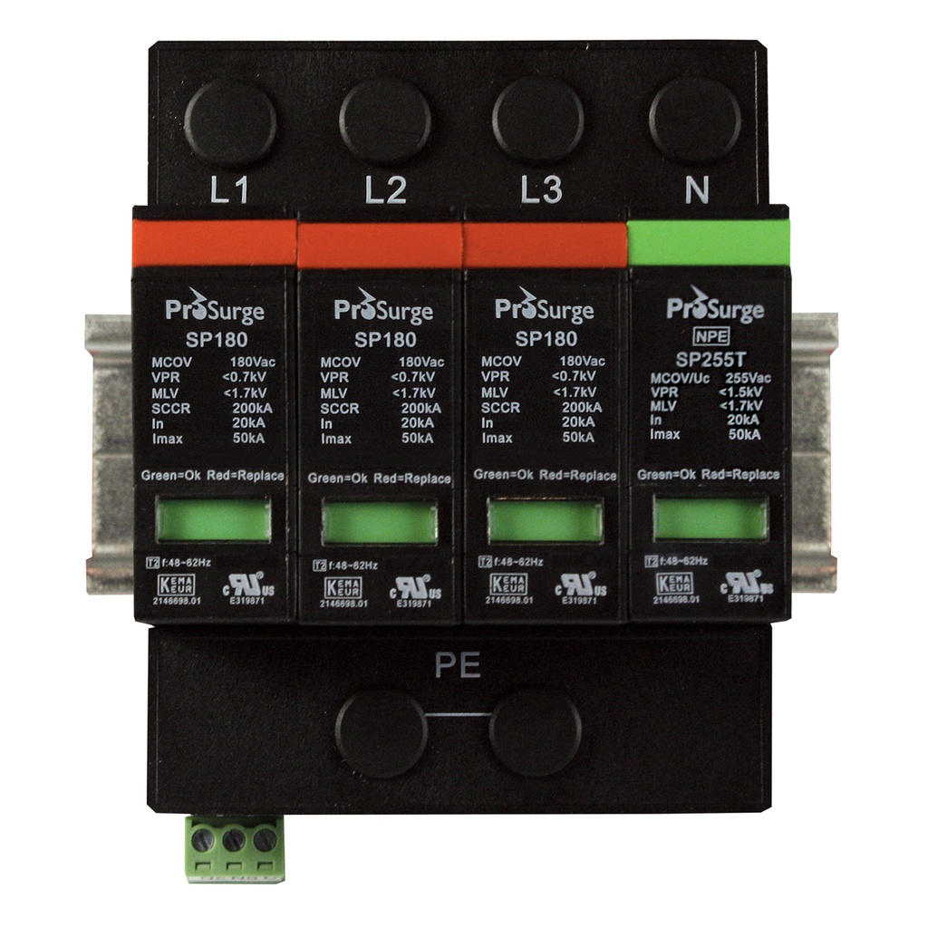 Three Phase Surge Protector, DIN Rail Mount, For 208Vac, 120VAC Circuits, 4 Pole, WYE 3 Phase, Four Wire And Ground, ASISP180-3PN