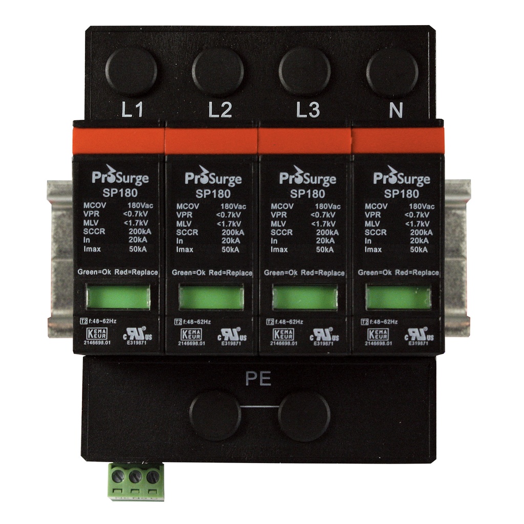 Four pole, including base and pluggable surge protector module with visual indication, DIN rail mount, UL1449 4th Edition, 208/120 Vac, MCOV 180 Vac