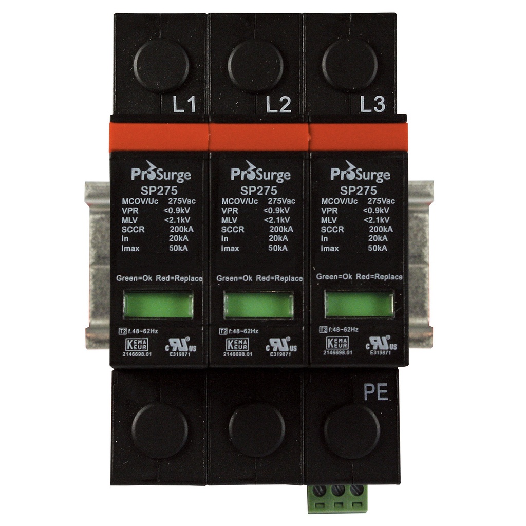 Din Rail Surge Protection, 3 Phase Surge Protector For Wind Turbine Applications, DIN Rail Mount, 415/240Vac, 3 Pole, MCOV 275Vac, ASISP275-3P-WT