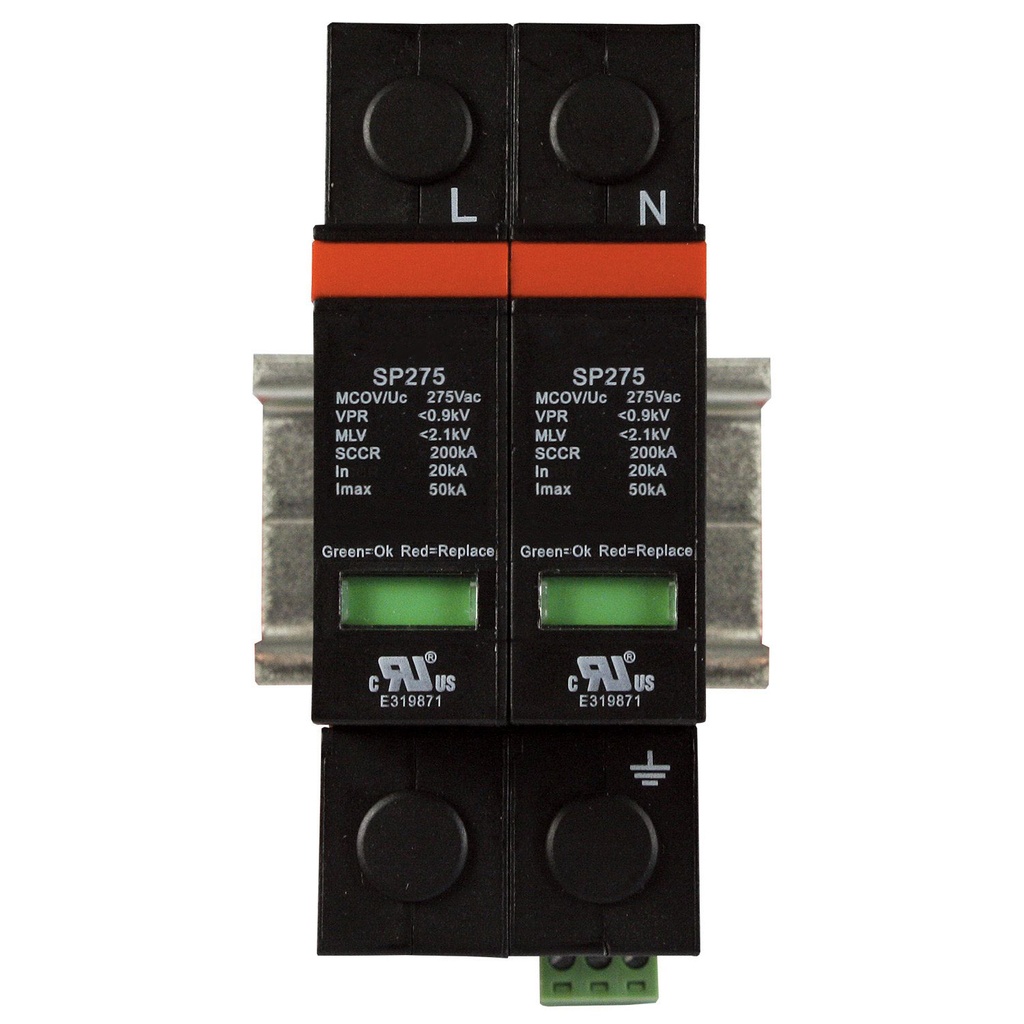 240V Surge Protector, DIN Rail Mount, 2 Wire Plus Ground, 2 Pole, Single Phase Nominal 240Vac