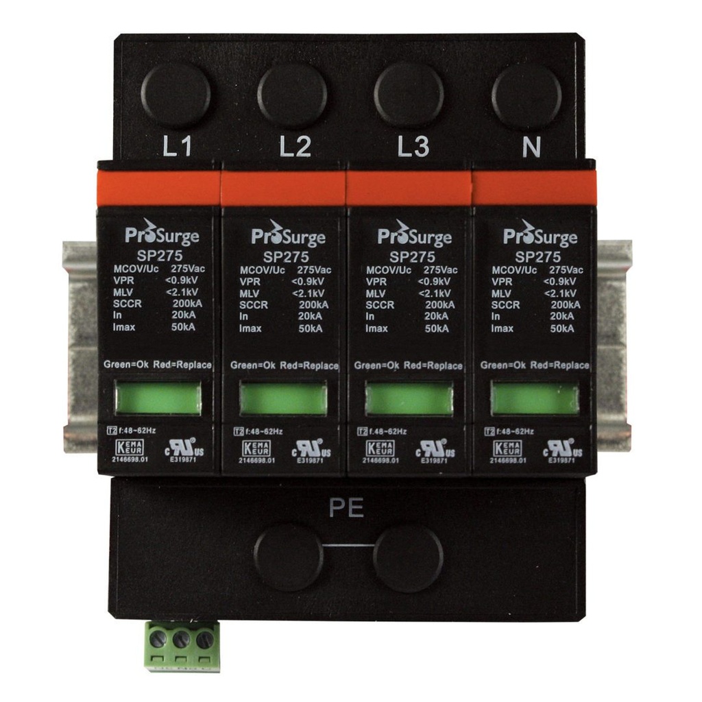 Four pole, including base and pluggable surge protector module with visual indication, DIN rail mount, UL1449 4th Edition, 415/240 Vac, MCOV 275 Vac