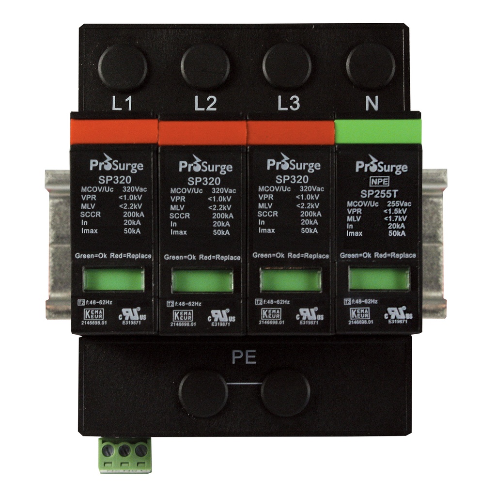 3 Phase Surge Protector, 480/277Vac, DIN Rail Mount, For Use In 3 Phase Wye Star 4 Wire and Ground Circuit, UL1449 4th Edition, ASISP320-3PN
