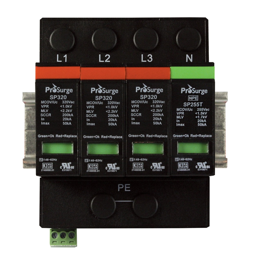 Four pole, including base and pluggable surge protector module with visual indication, DIN rail mount, UL1449 4th Edition, 480/277 Vac, MCOV 320 Vac