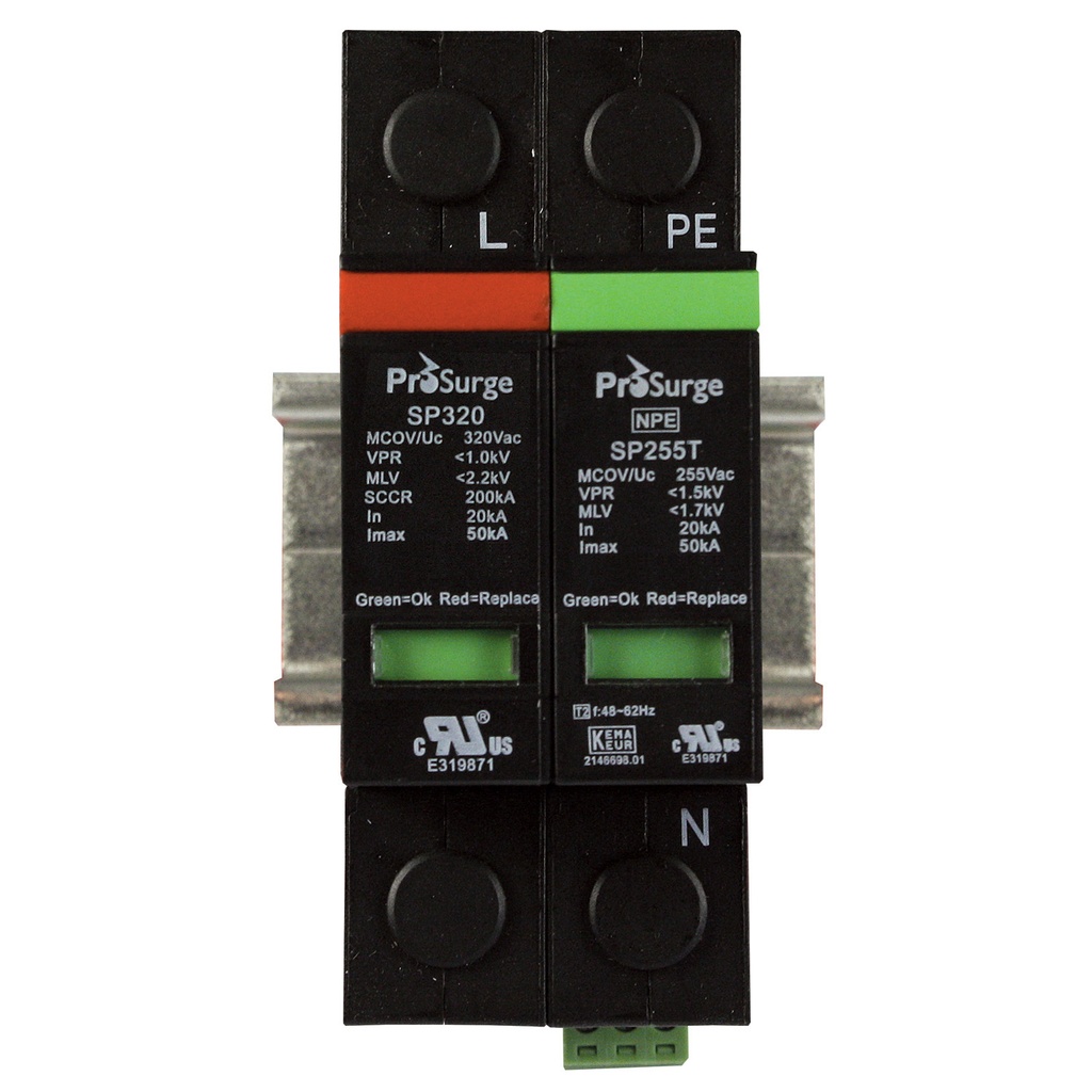 2 pole, including base and pluggable MOV and GDT surge protector modules with visual indication, DIN rail mount, UL1449 4th Edition, 277 Vac