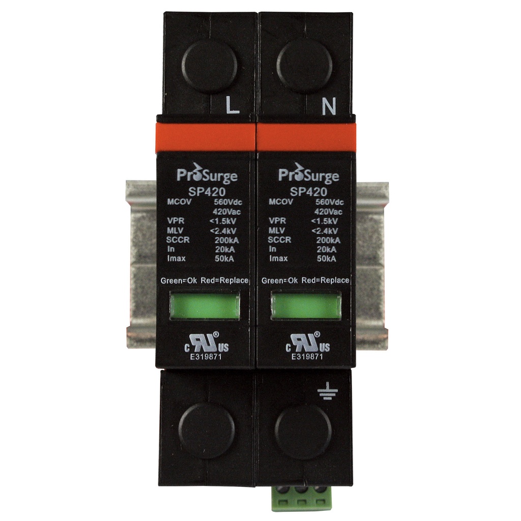 Two pole, including base and pluggable surge protector module with visual indication, DIN rail mounted, ASISP420-2P