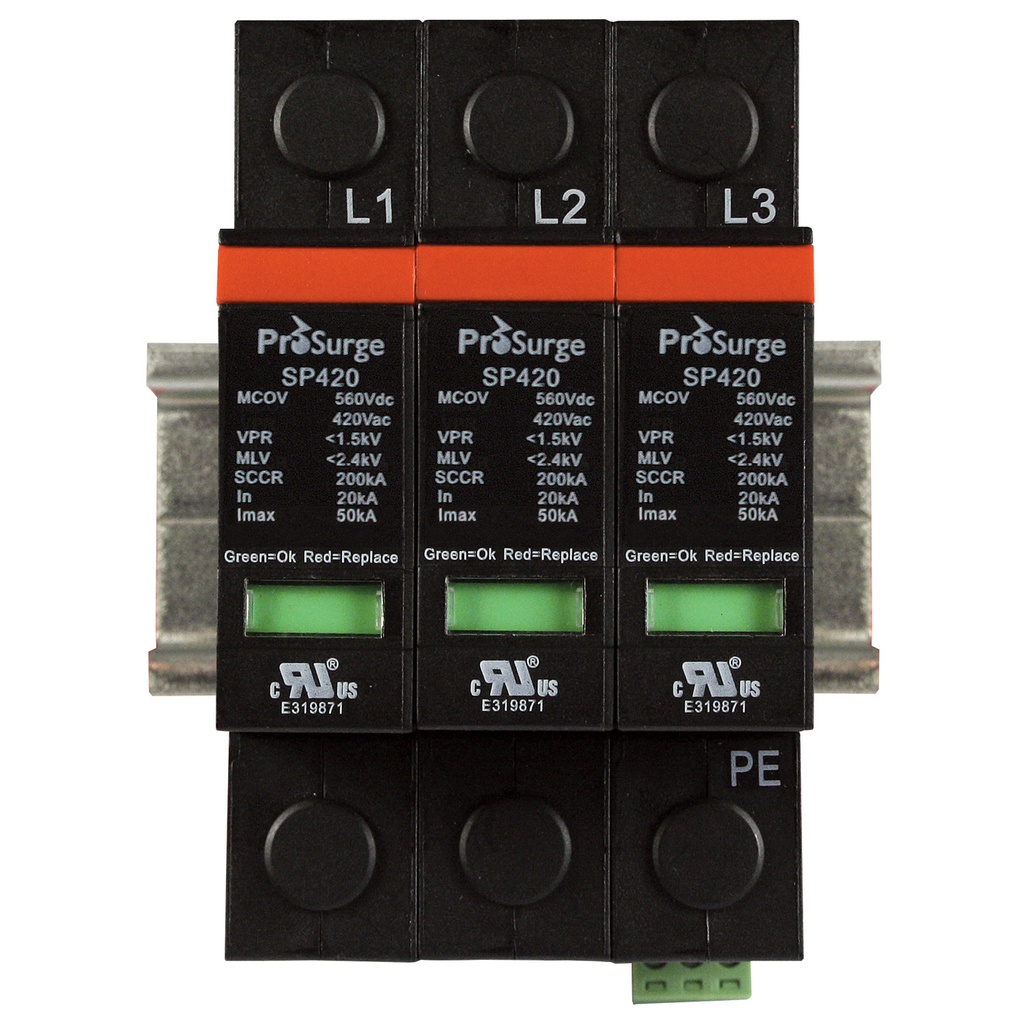Three pole, including base and pluggable surge protector module with visual indication, DIN rail mount, UL1449 4th Edition, 600/347 Vac, MCOV 420 Vac